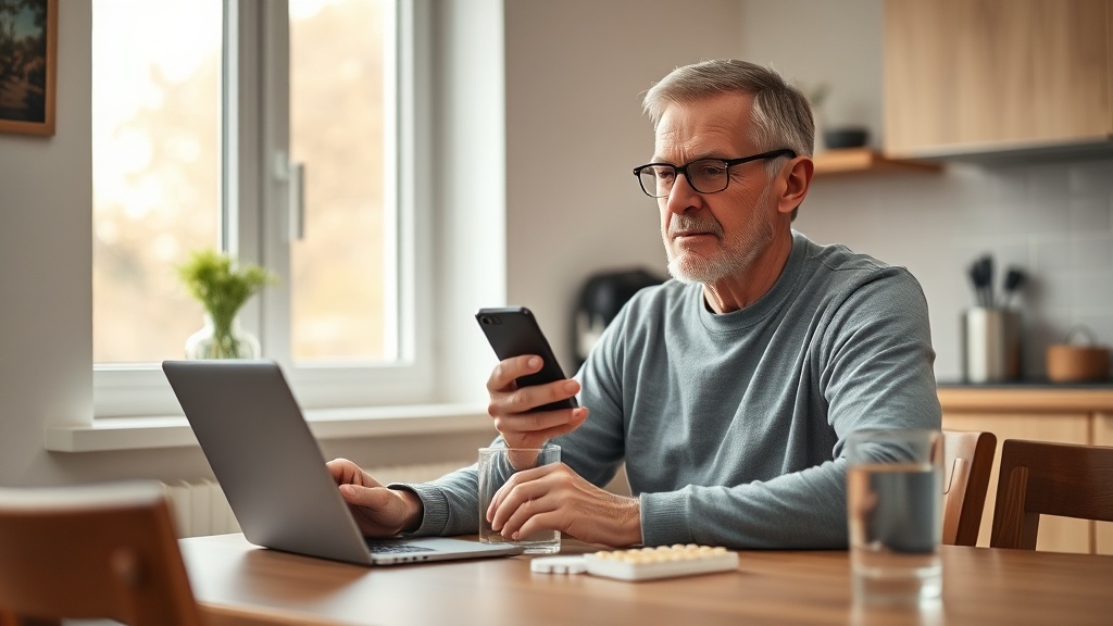 Mężczyzna w domu podczas konsultacji online przez telefon